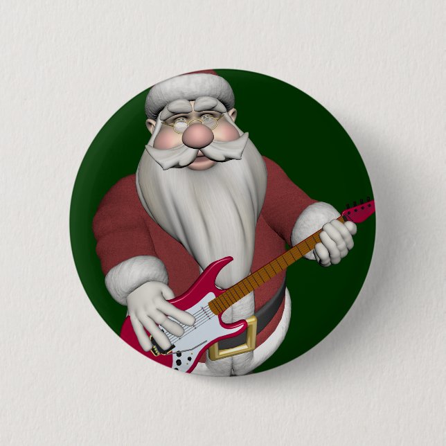 Santa Claus With Red Electric Guitar Pinback Button (Front)