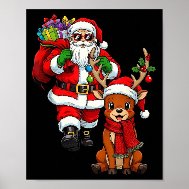 Santa Claus With Reindeer And Cool Christmas  Poster (Front)