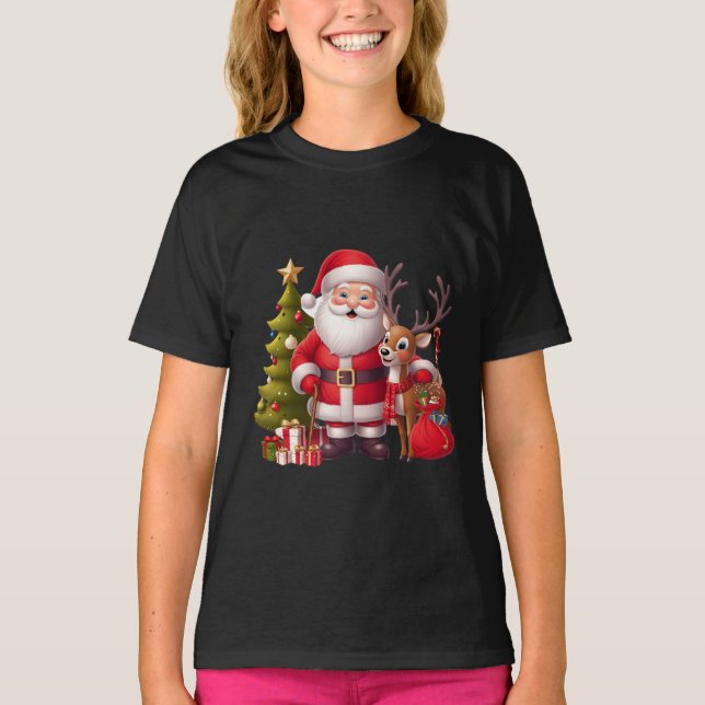 Santa Claus with Reindeer and Festive Tree - Heart T-Shirt (Front)