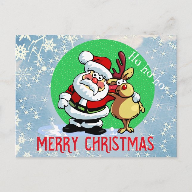 Santa claus with reindeer friend holiday postcard (Front)