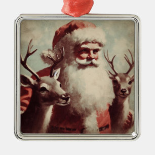 Santa Claus with Reindeer Vintage Illustration Metal Ornament