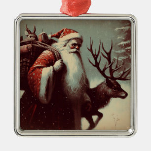 Santa Claus with Reindeer Vintage Illustration Metal Ornament