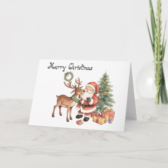 Santa Claus with reindeer whimsical Greeting Card (Front)