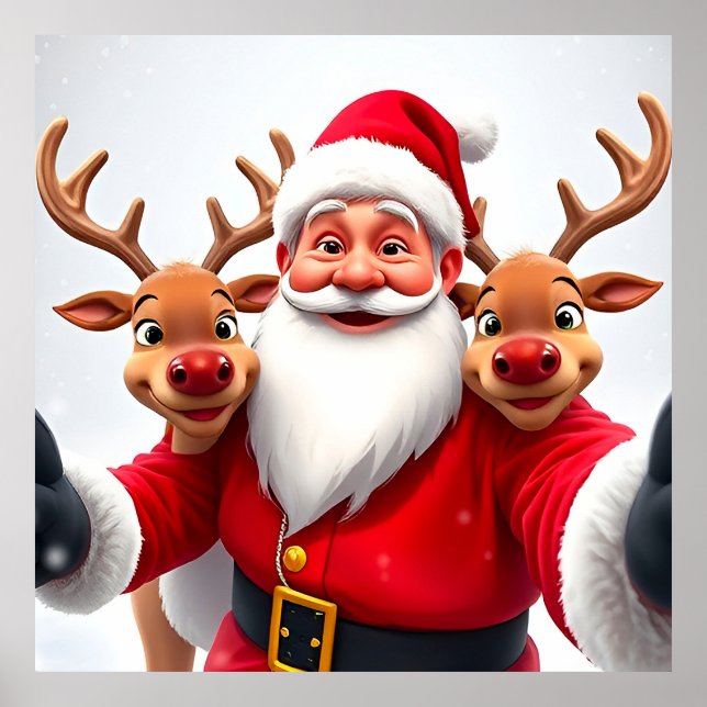 Santa Claus with Reindeers Celebrating Christmas Poster (Front)