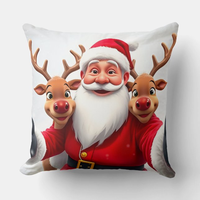 Santa Claus with Reindeers Celebrating Christmas Throw Pillow (Front)