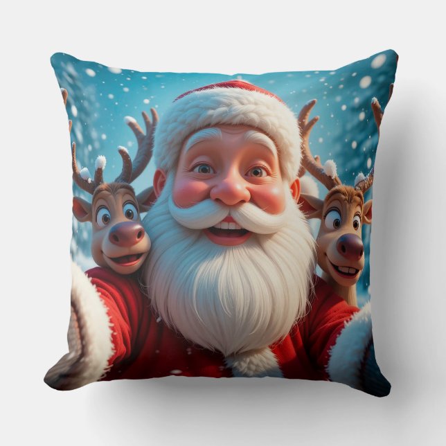 Santa Claus with Reindeers Celebrating Christmas Throw Pillow (Front)