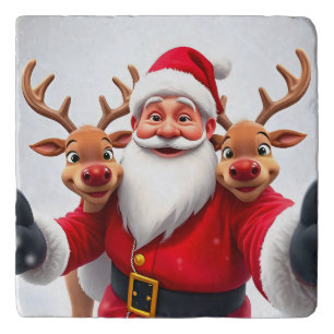 Santa Claus with Reindeers Celebrating Christmas Trivet