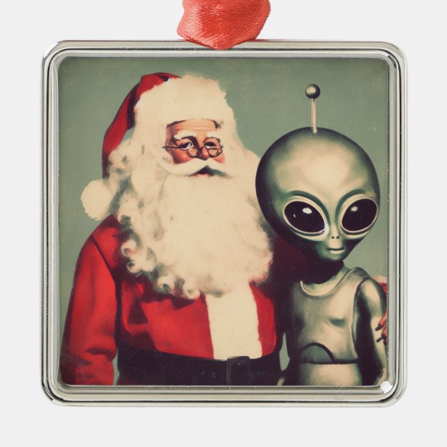 Santa Claus with Space Alien Sci Fi Christmas  Metal Ornament (Front)