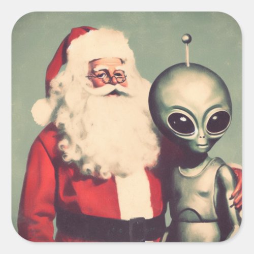 Santa Claus with Space Alien Sci Fi Christmas  Square Sticker