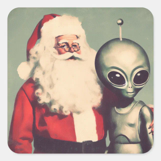 Santa Claus with Space Alien Sci Fi Christmas Square Sticker | Zazzle