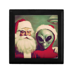 Santa Claus with Space Alien UFO Christmas Sci Fi Gift Box