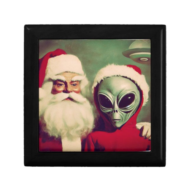 Santa Claus with Space Alien UFO Christmas Sci Fi Gift Box (Front)
