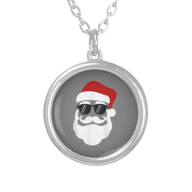 Santa Claus with Sunglasses Funny Christmas Design Silver Plated Necklace (Front)