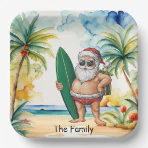 Santa Claus with Surf board at the beach Christmas Paper Plates
