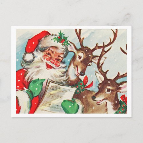 Santa Claus with two deers singing Christmas songs Postcard