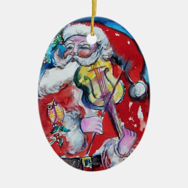 SANTA CLAUS WITH VIOLIN,MUSICAL CHRISTMAS Red Ruby Ceramic Ornament (Front)