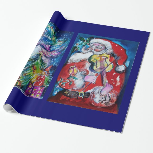 SANTA CLAUS WITH VIOLIN/ SNOWMAN AND XMAS TREE WRAPPING PAPER (Unrolled)