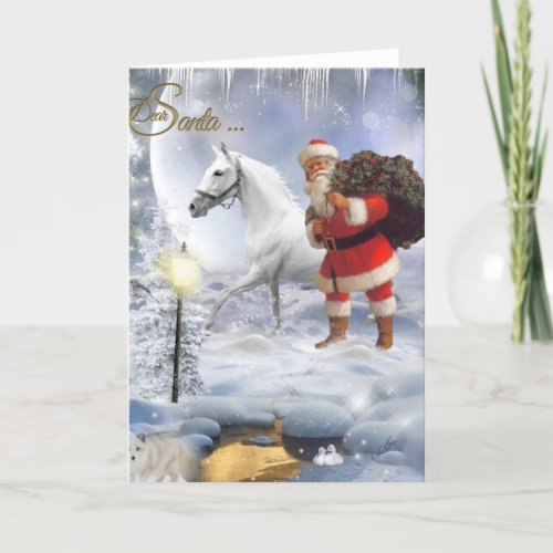 Santa Claus With White Horse Holiday Card