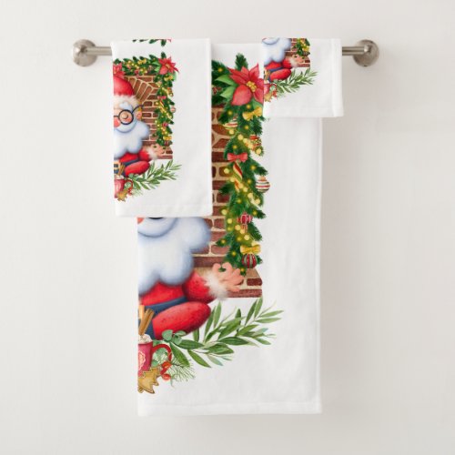 Santa Claus Yoga Pose Christmas White Bath Towel Set