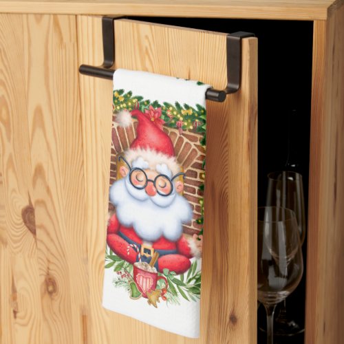 Santa Claus Yoga Pose Christmas White Kitchen Towel