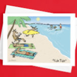 Santa Clause and Reindeer Beach Vacation Christmas Holiday Card<br><div class="desc">Humorous Christmas Card. Cartoon of Santa and his reindeer on a sunny tropical beach vacation. Shirtless Santa Clause in red swimming trunks is riding the waves. One reindeer is running with a surfboard. Other reindeer are tanning or reading on the sand. The title is “Yule Tide.” Inside of card: “warmest...</div>