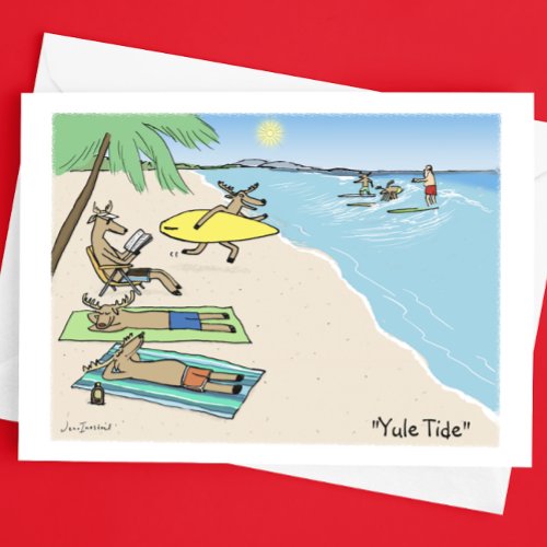 Santa Clause and Reindeer Beach Vacation Christmas Holiday Card