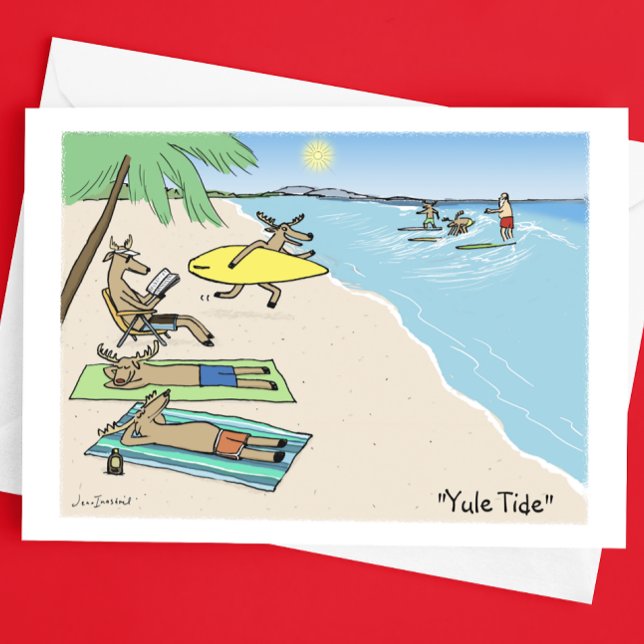 Santa Clause and Reindeer Beach Vacation Christmas Holiday Card (Creator Uploaded)