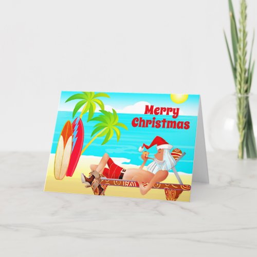 Santa Clause and Surfboards Merry Christmas Beach Holiday Card