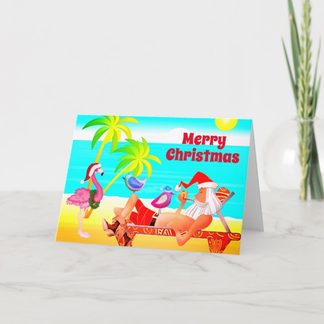 Santa Clause and the Birds Beach Merry Christmas Holiday Card (Front)