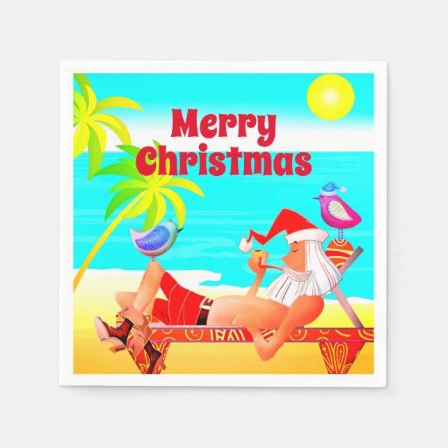 Santa Clause and The Birds Beach Merry Christmas Napkins (Front)