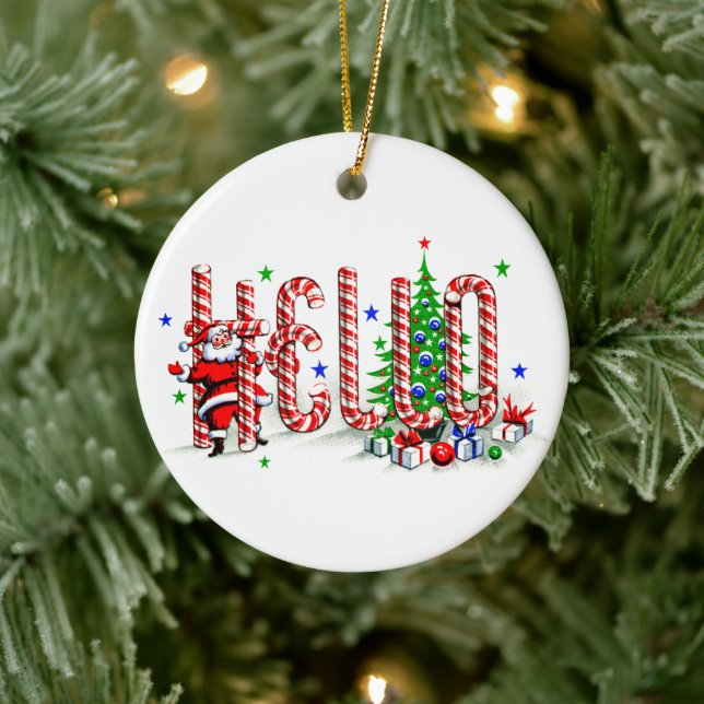 Santa Clause Candy Canes Hello Christmas Art Ceramic Ornament (Tree)