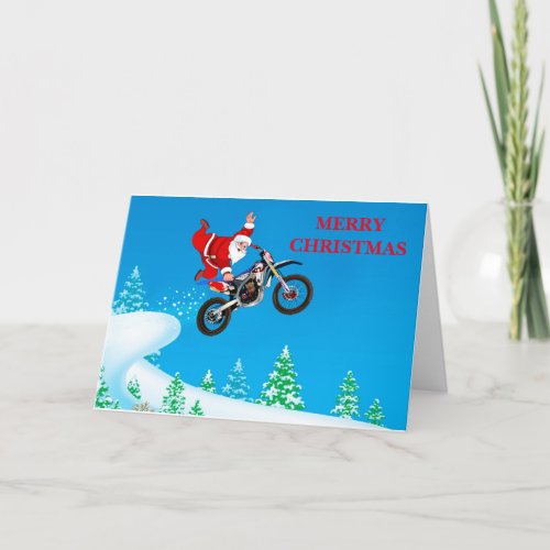 Santa clause flying high and doing a one hand grab holiday card