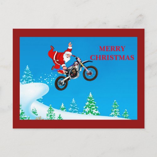 Santa clause flying high and doing a one hand grab holiday postcard