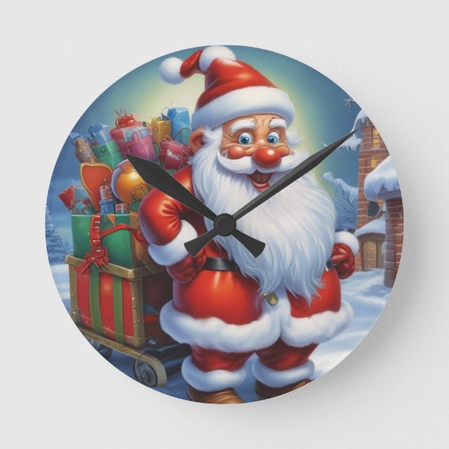 Santa Clause Merry Christmas Happy New Year Round Clock (Front)