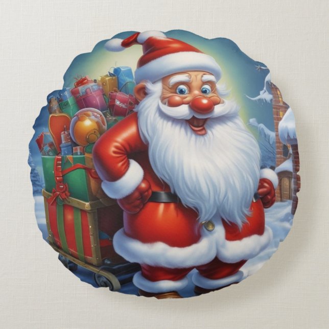 Santa Clause Merry Christmas Happy New Year Round Pillow (Front)