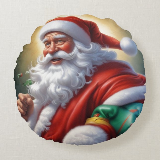 Santa Clause Merry Christmas Happy New Year Round Pillow (Front)