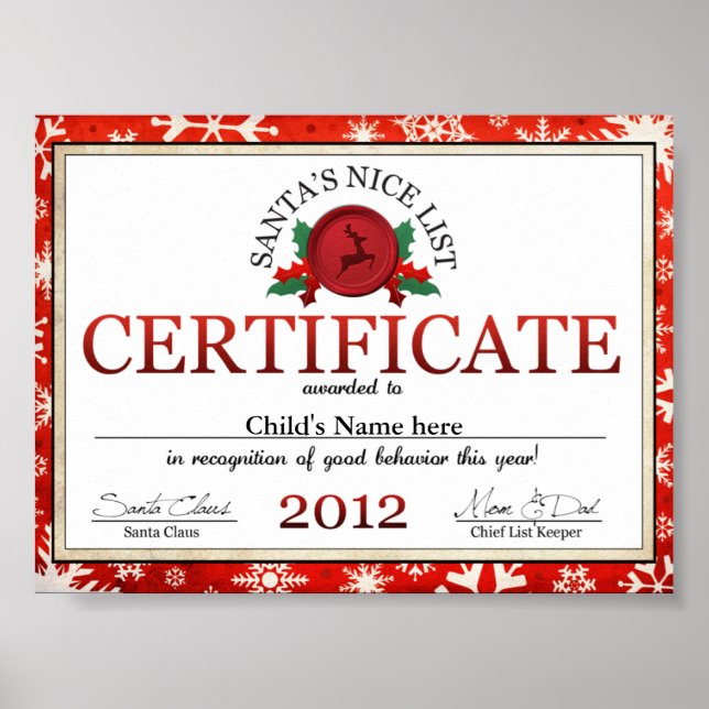 Santa Clause Nice List Child Certificate Poster (Front)