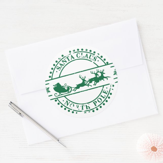 Santa Clause North Pole Green Classic Round Sticker (Envelope)