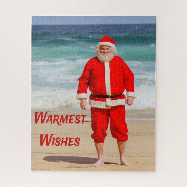 Santa Clause on Beach Warmest Wishes Funny Humor Jigsaw Puzzle (Vertical)