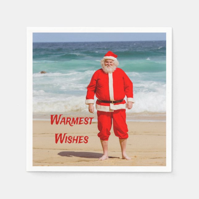 Santa Clause on Beach Warmest Wishes Funny Humor Napkins (Front)