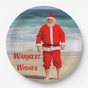 Santa Clause on Beach Warmest Wishes Funny Humor Paper Plates