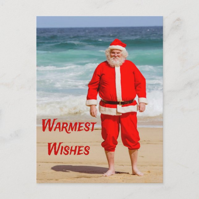 Santa Clause on Beach Warmest Wishes Funny Humor Postcard (Front)