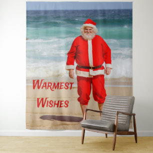 Santa Clause on Beach Warmest Wishes Funny Humor Tapestry