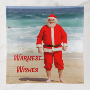 Santa Clause on Beach Warmest Wishes Funny Humor Trinket Tray