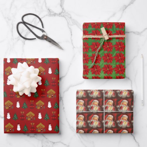 Santa Clause Poinsettia Snowman Country Cabin  Wrapping Paper Sheets