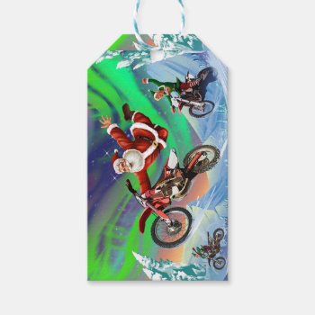 Santa Clause Racing Elves On Dirt Bikes Gift Tags by McPhotoPosters at Zazzle