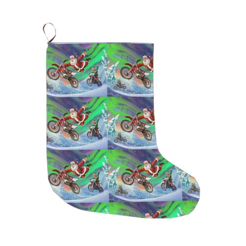 Santa Clause racing elves on dirt bikes Large Christmas Stocking
