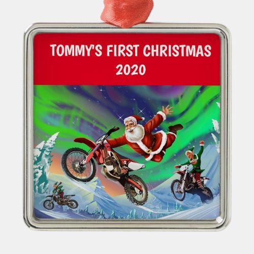 Santa Clause racing elves on dirt bikes Metal Ornament