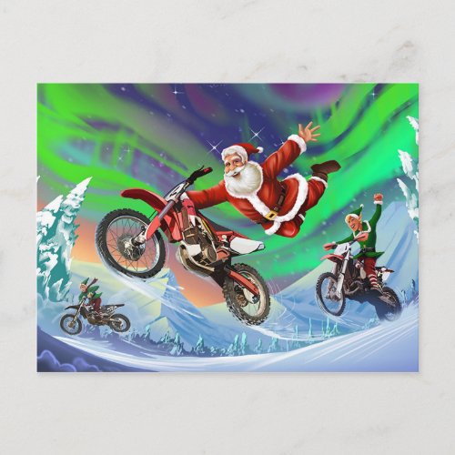 Santa Clause racing elves on dirt bikes Postcard