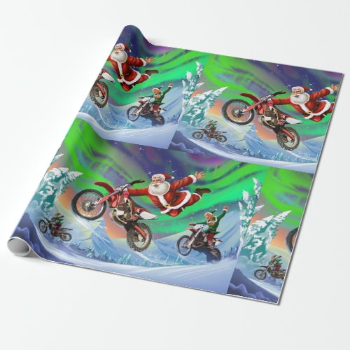 Santa Clause racing elves on dirt bikes Wrapping Paper